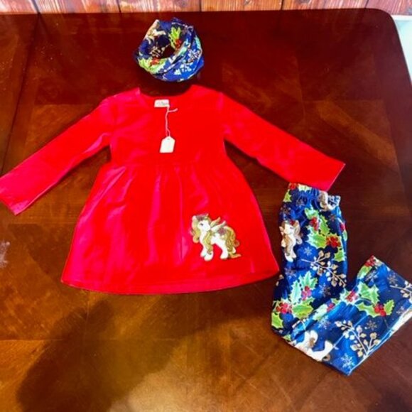 Toddler christmas Girls Red & blue Unicorn Dress & Printed Leggings Set W/ Scarf - Picture 5 of 6